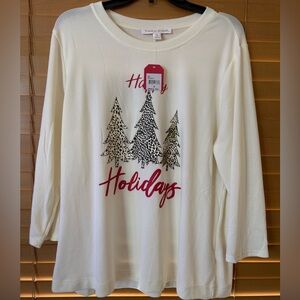 Festive NWT Cream 3/4 sleeves Top /Tree Print embellished rhinestones Size 1X